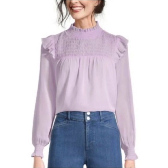 Ann Taylor Tops - Ann Taylor Lavender Smocked Ruffle-Shoulder Blouse